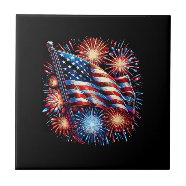 USA Flag Fireworks Patriotic Tile (Front)