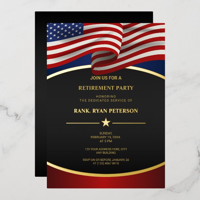 USA Flag Foil Curve Lines Luxury Black Invitation (Recto/Verso)