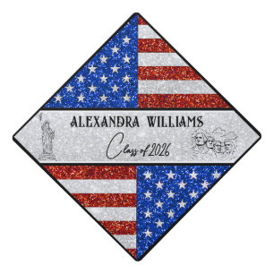 USA Flag Glitter Style Stars Stripes Class of 2026 Graduation Cap Topper