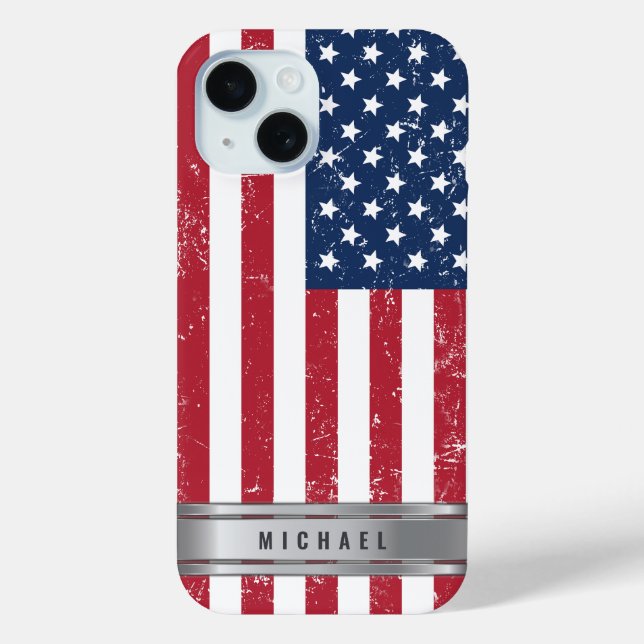 USA Flag Grunge And Metallic Name Label Case-Mate iPhone Case (Back)
