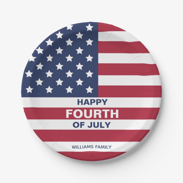 USA Flag Happy Fourth of July Custom Text Paper Plate (Front)