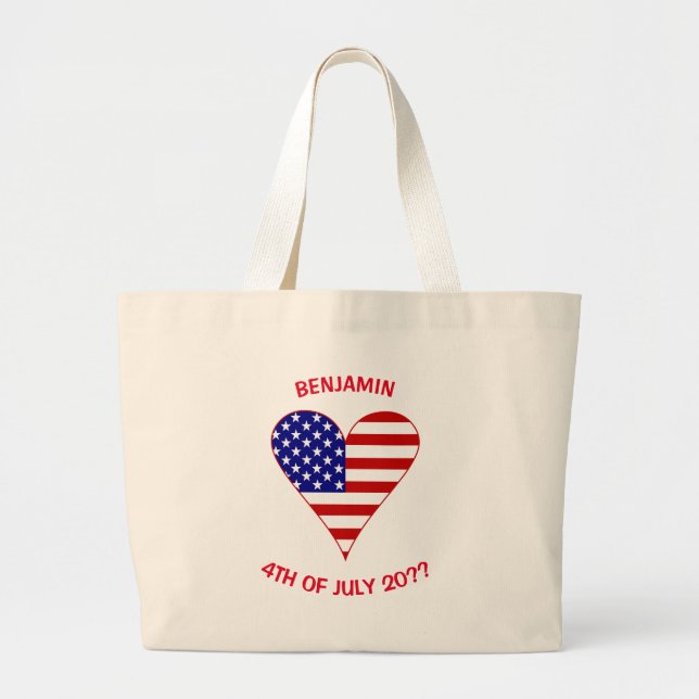 USA Flag Heart Funky Red Personalized Large Tote Bag (Front)