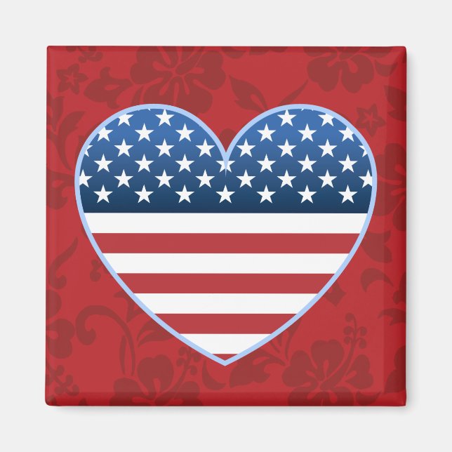 USA Flag Heart Hawaiian Floral Magnet (Devant)