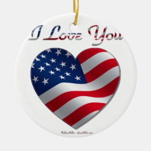 USA Flag Heart I Love You Ceramic Ornament