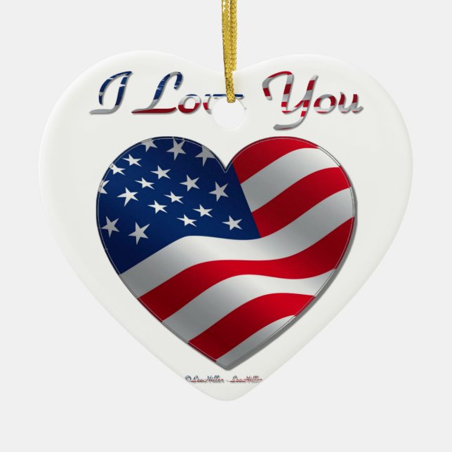 USA Flag Heart I Love You Ceramic Ornament (Front)