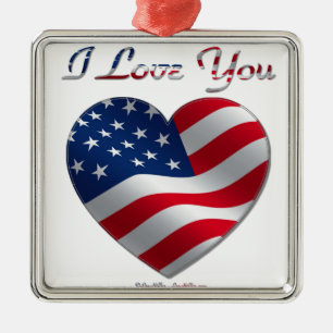 USA Flag Heart I Love You Metal Ornament