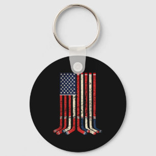 Usa flag hockey sticks patriotic ice hockey player keychain