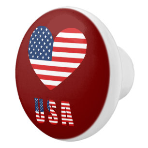 USA Flag in Heart Ceramic Knob for Furniture