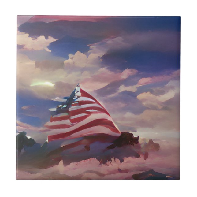 USA flag July 4 Memorial Day abstract digital art Tile (Front)