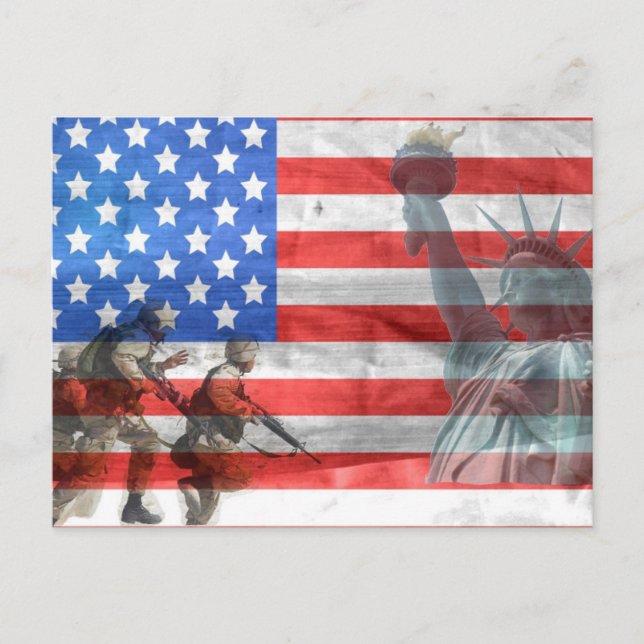 USA Flag Lady Liberty  and Soldiers Postcard (Front)
