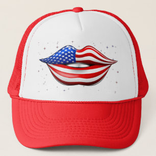 USA Flag Lipstick on Smiling Lips Hat