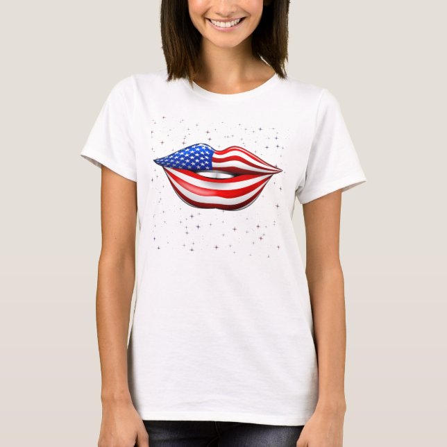 USA Flag Lipstick on Smiling Lips T-Shirt (Front)