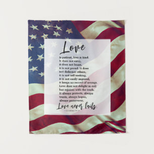 USA Flag Love is Patient Bible Patriotic Wedding  Tapestry