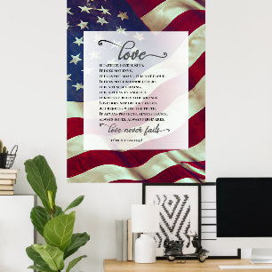 USA Flag Love Never Fails Bible Patriotic Wedding Poster