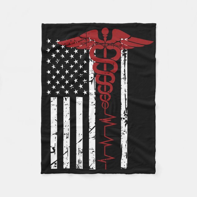 Usa Flag Medical Symbol Black Patriotic Caduceus N Fleece Blanket (Front)