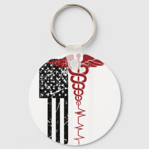 Usa Flag Medical Symbol Black Patriotic Caduceus N Keychain