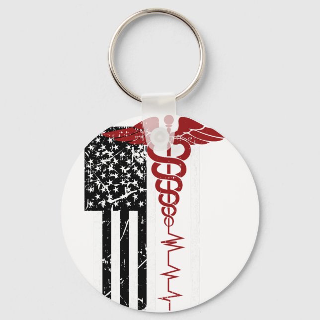 Usa Flag Medical Symbol Black Patriotic Caduceus N Keychain (Front)