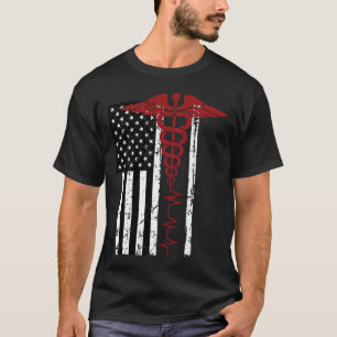 Usa Flag Medical Symbol Black Patriotic Caduceus N T-Shirt