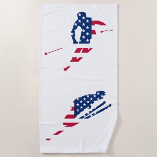 USA Flag of America Skiing American Beach Towel