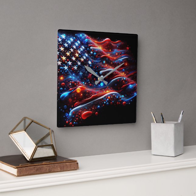 USA Flag Paint Splatters  Square Wall Clock (Office)