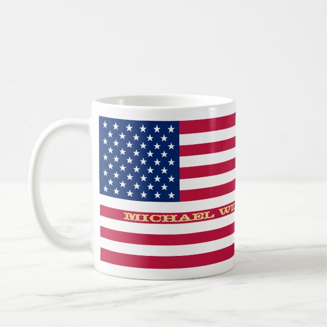 USA Flag Patriotic America Custom Name Monogram Coffee Mug (Left)