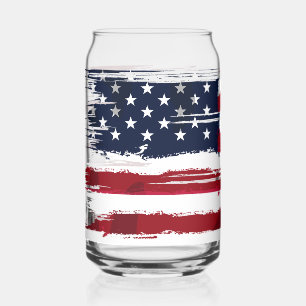 USA Flag Patriotic American Red White Blue  Can Glass
