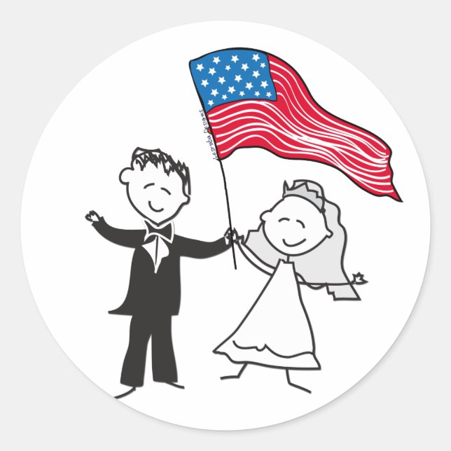 USA Flag Patriotic Bride and Groom Classic Round Sticker (Front)