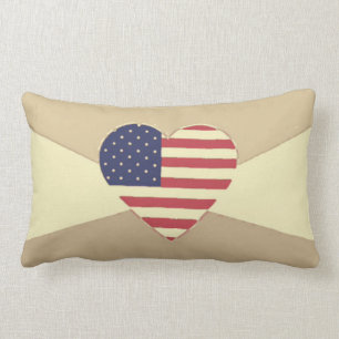 USA Flag Patriotic Heart Vintage Retro Style Cream Lumbar Pillow