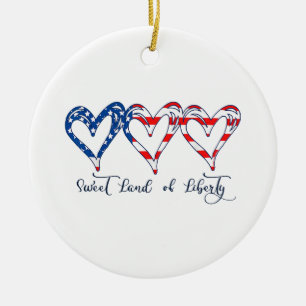 USA Flag Patriotic Hearts 4th of July Sweet Land o Ceramic Ornament