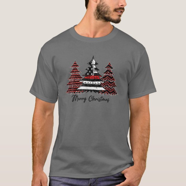 USA Flag Pine Trees Firefighter Thin Red Line Fire T-Shirt (Front)