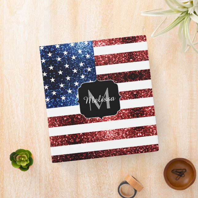 USA flag red and blue sparkles glitters Monogram Binder (In Situ)