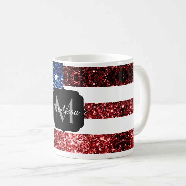 USA flag red and blue sparkles glitters Monogram Coffee Mug (Front Right)