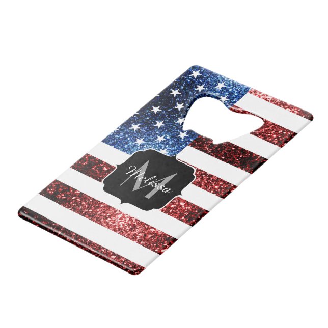 USA flag red and blue sparkles glitters Monogram Credit Card Bottle Opener (Front Angled)