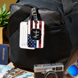 USA flag red and blue sparkles glitters Monogram Luggage Tag