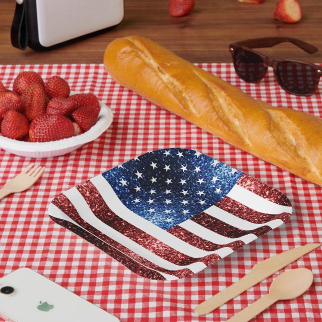 USA flag red and blue sparkles glitters Paper Plate (Picnic)