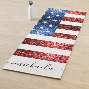 USA flag red blue faux sparkles glitters Monogram Yoga Mat