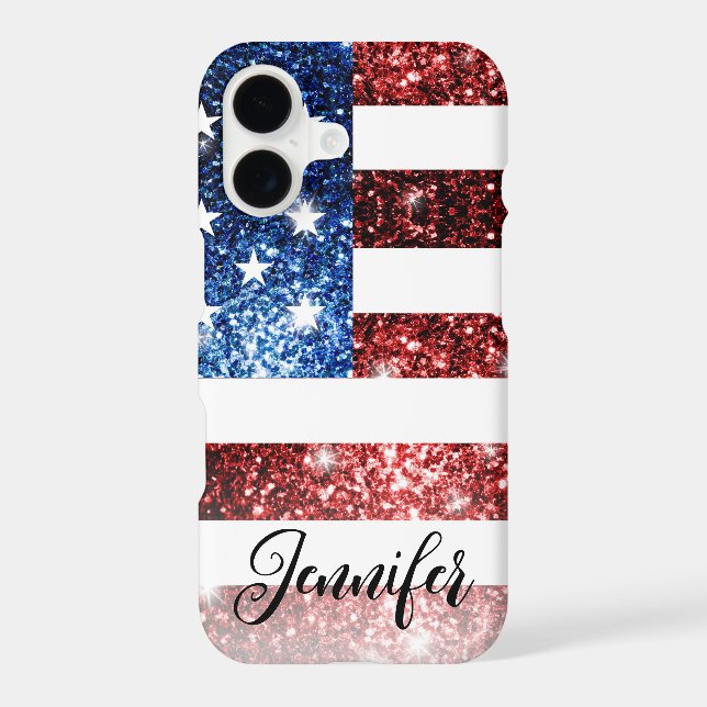 USA flag red blue faux sparkles glitters Your name iPhone Case (Back)
