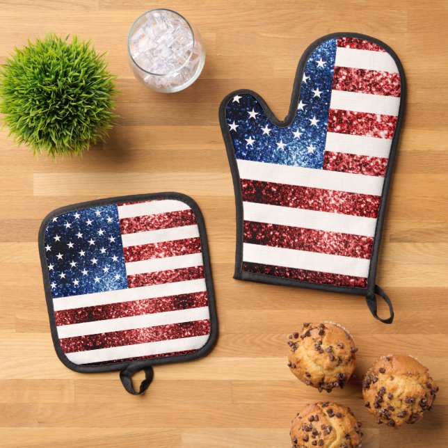USA flag red blue faux sparkles patriotic bling Oven Mitt & Pot Holder Set (Top Down)
