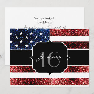 USA flag red blue sparkles glitter Sweet 16 invite