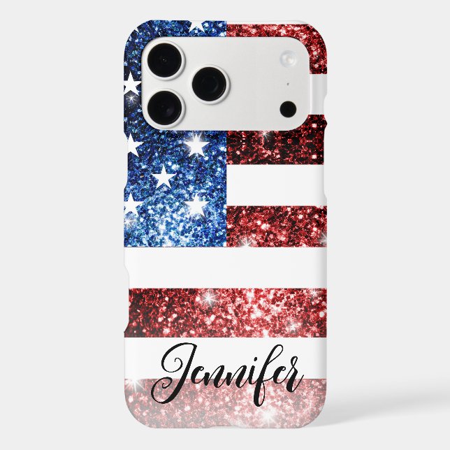 USA flag red blue sparkles glitters Custom name (Back)