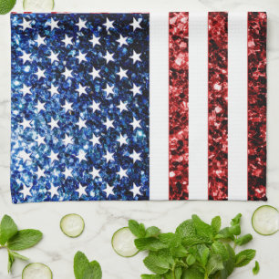 USA flag red blue sparkles glitters Kitchen Towel