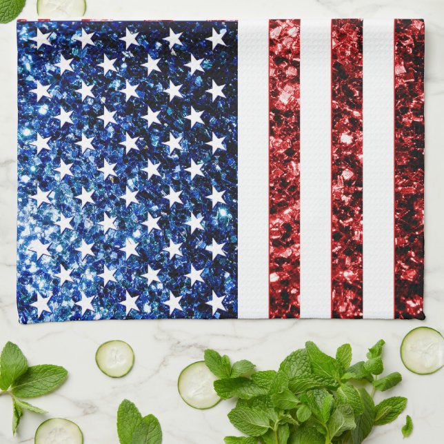 USA flag red blue sparkles glitters Kitchen Towel (Folded)