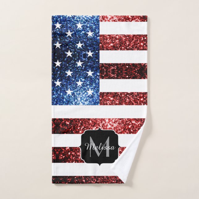 USA flag red blue sparkles glitters Monogram Bath Towel Set (Hand Towel)