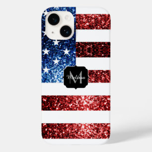 USA flag red blue sparkles glitters Monogram Case-Mate iPhone 14 Case