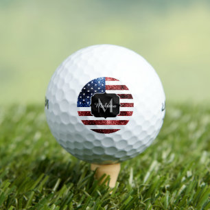 USA flag red blue sparkles glitters Monogram Golf Balls