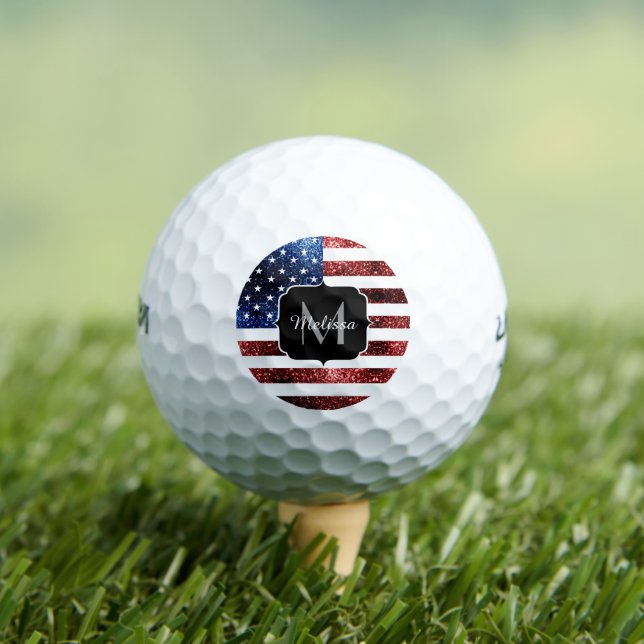 USA flag red blue sparkles glitters Monogram Golf Balls (Insitu Tee)