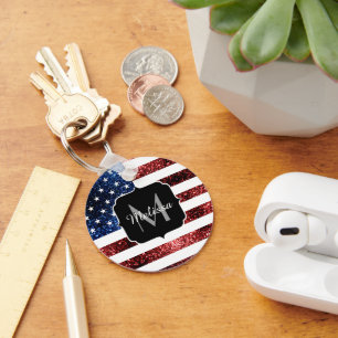 USA flag red blue sparkles glitters Monogram Keychain