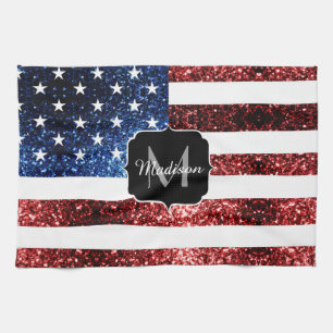 USA flag red blue sparkles glitters Monogram Kitchen Towel
