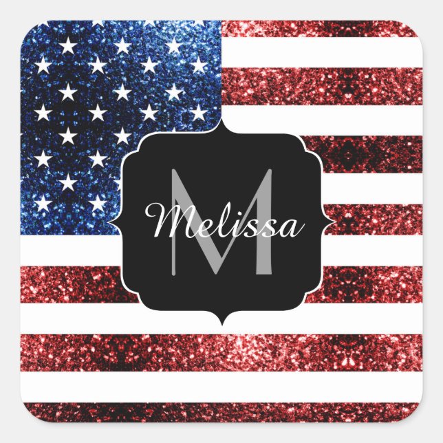 USA flag red blue sparkles glitters Monogram Square Sticker (Front)