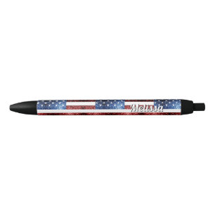 USA flag red blue sparkles glitters Personalize Black Ink Pen